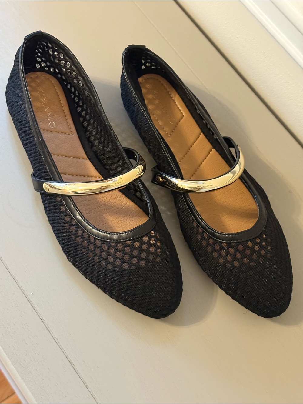 Women’s Black Mesh Flats with Gold Accent Strap